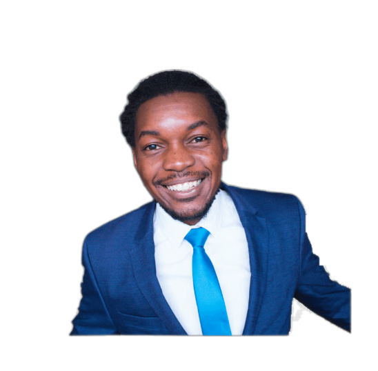 Sisekelo Sinyolo smiling, in a navy suit and blue tie